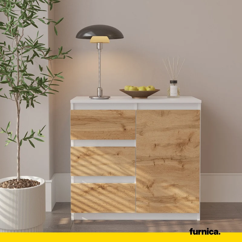 MIKEL - Kommode / Sideboard mit 3 Schubladen und 1 Tür - Weiß Matt / Wotan Eiche H75cm B80cm T35cm