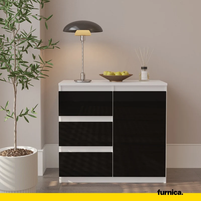 MIKEL - Kommode / Sideboard mit 3 Schubladen und 1 Tür - Weiß Matt / Schwarz Gloss H75cm B80cm T35cm