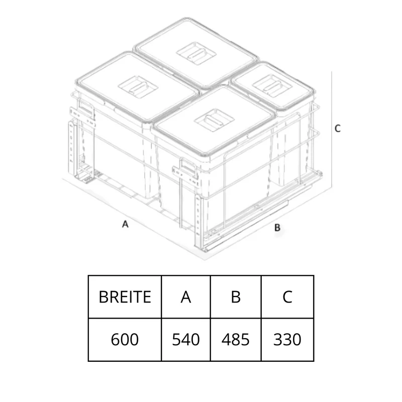 Mülleimer Mülltrennung Soft-Close 3 x 15L + 1 x 6L - 60cm Küchenschrank