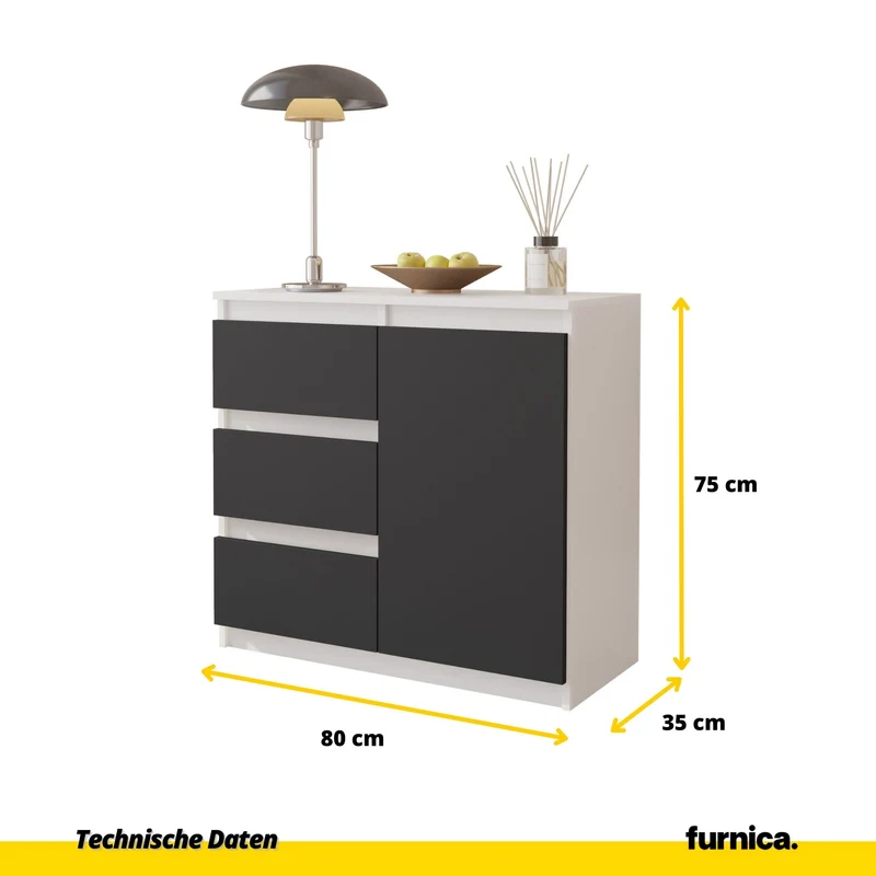MIKEL - Kommode / Sideboard mit 3 Schubladen und 1 Tür - Weiß Matt / Anthrazit Grau H75cm B80cm T35cm