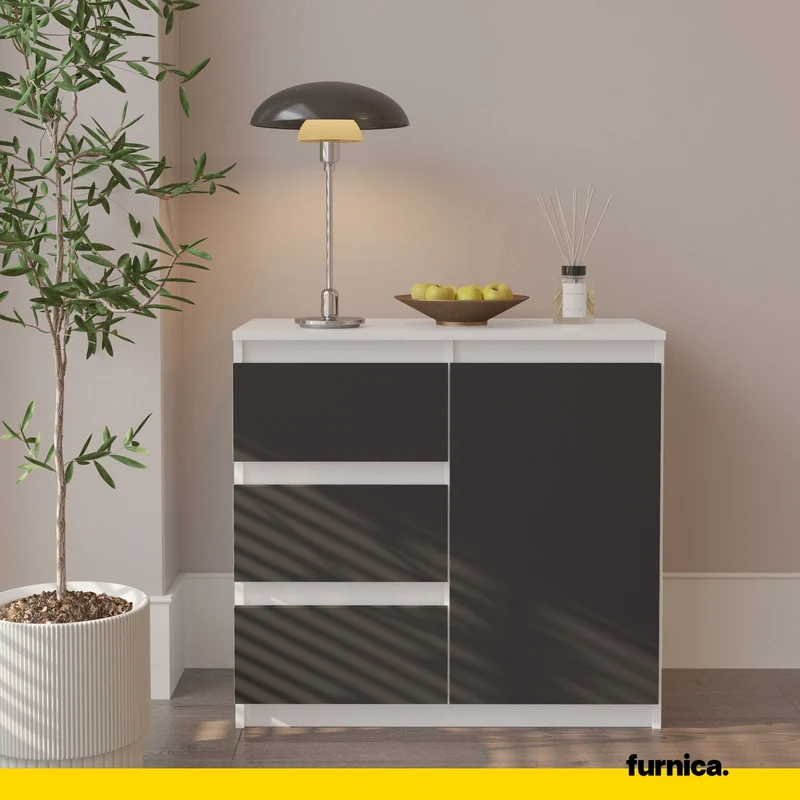 MIKEL - Kommode / Sideboard mit 3 Schubladen und 1 Tür - Weiß Matt / Anthrazit Grau H75cm B80cm T35cm