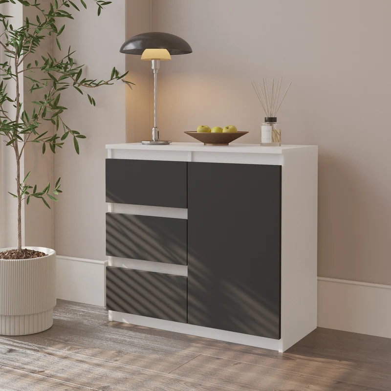 MIKEL - Kommode / Sideboard mit 3 Schubladen und 1 Tür - Weiß Matt / Anthrazit Grau H75cm B80cm T35cm