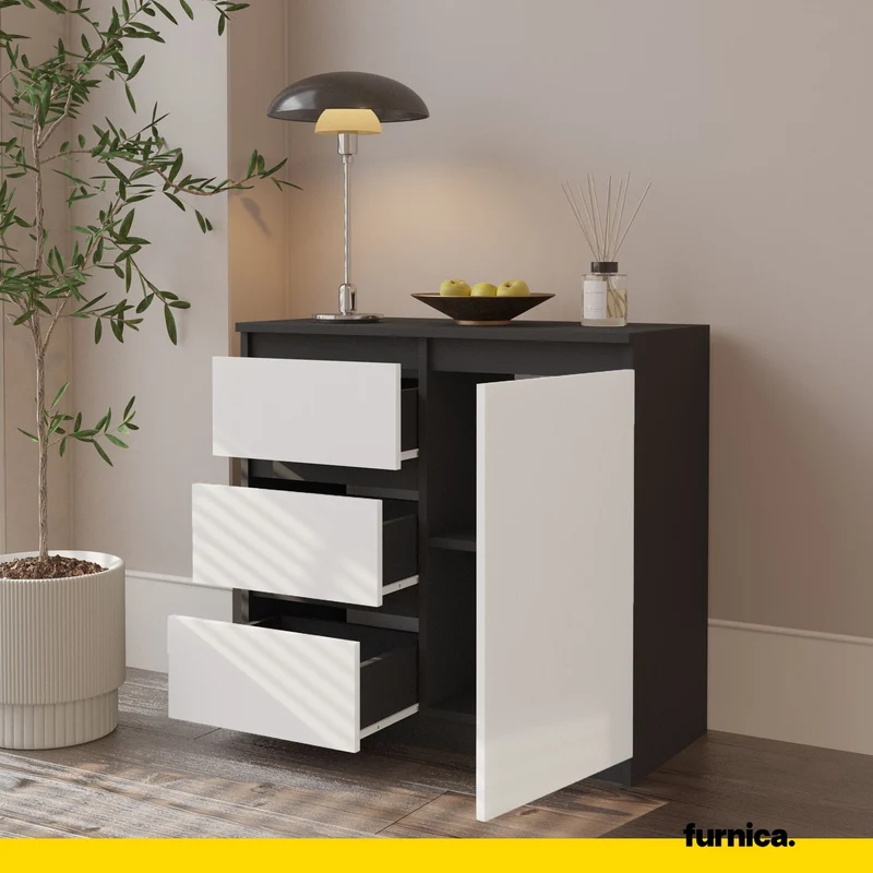 MIKEL - Kommode / Sideboard mit 3 Schubladen und 1 Tür - Anthrazit Grau / Weiß Matt H75cm B80cm T35cm