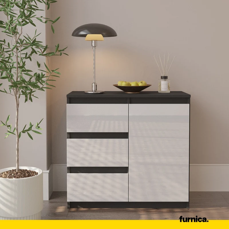 MIKEL - Kommode / Sideboard mit 3 Schubladen und 1 Tür - Anthrazit Grau / Weiß Gloss H75cm B80cm T35cm
