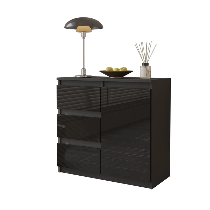 MIKEL - Kommode / Sideboard mit 3 Schubladen und 1 Tür - Anthrazit / Schwarz Gloss H75cm B80cm T35cm