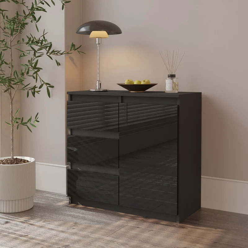 MIKEL - Kommode / Sideboard mit 3 Schubladen und 1 Tür - Anthrazit / Schwarz Gloss H75cm B80cm T35cm