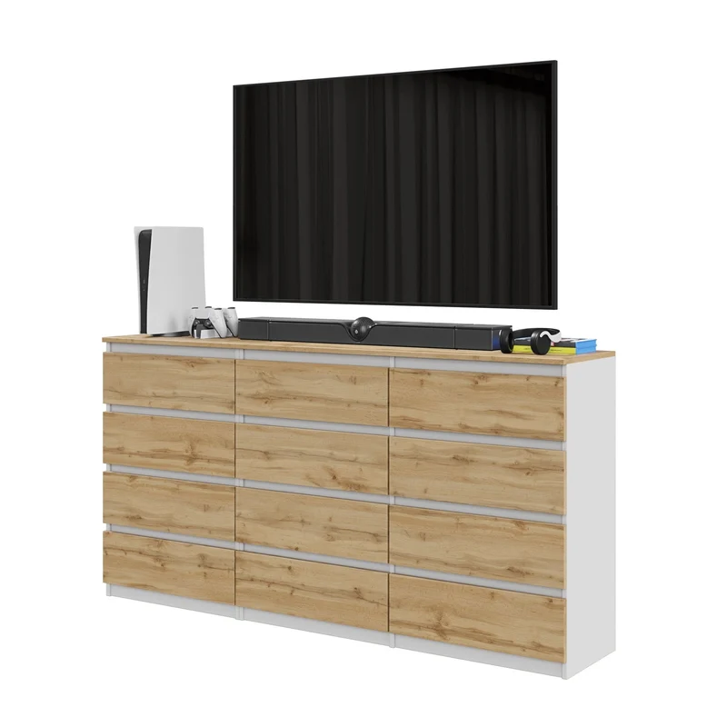 GABRIEL - Kommode / Sideboard mit 12 Schubladen (8+4) - Weiß Matt / Wotan Eiche H92cm B180cm T33cm