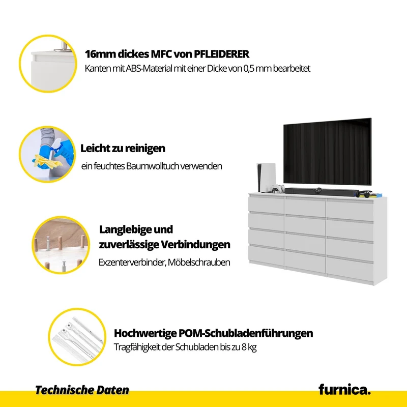 GABRIEL - Kommode / Sideboard mit 12 Schubladen (8+4) - Weißglanz H92cm B180cm T33cm