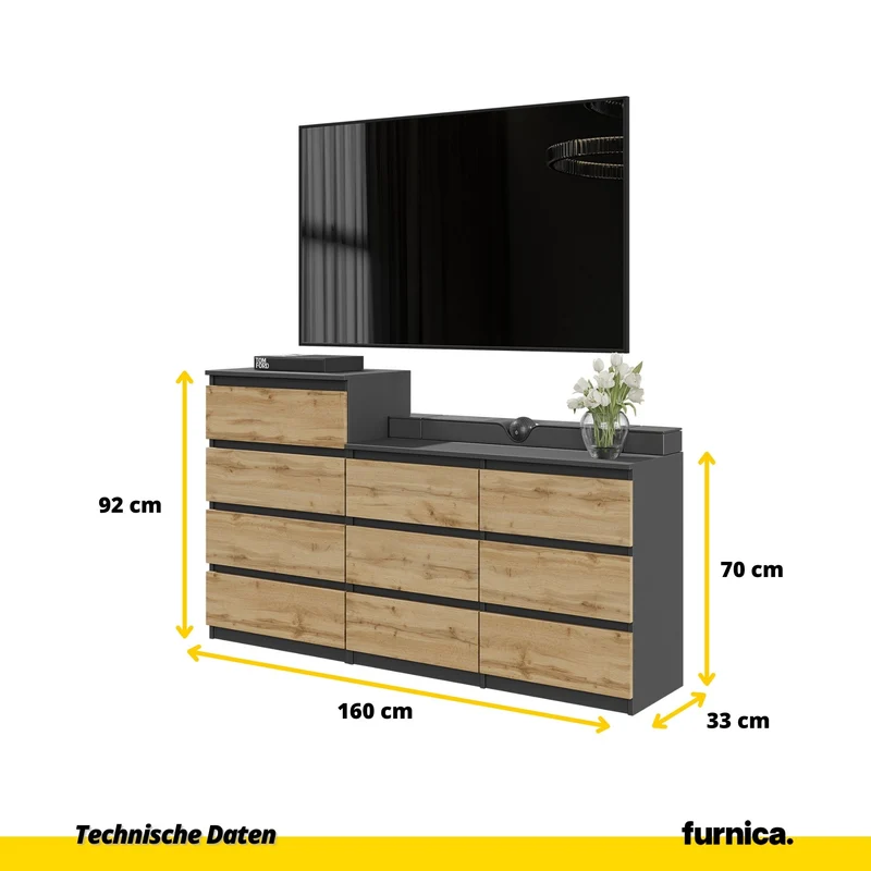 GABRIEL - Kommode / Sideboard mit 10 Schubladen (6+4) - Anthrazit Grau / Wotan Eiche H92/70cm B160cm T33cm