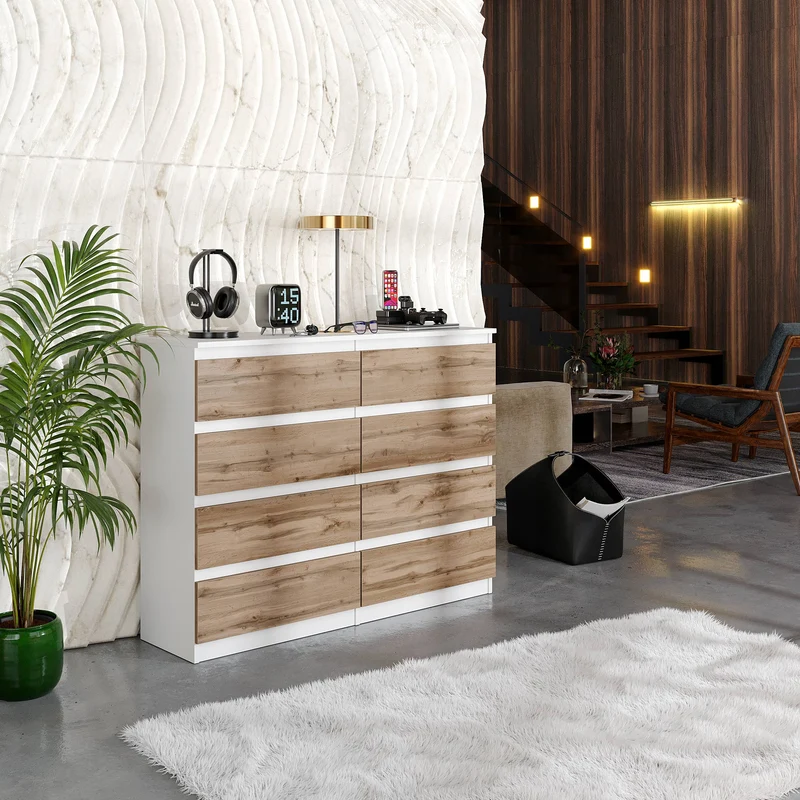 GABRIEL - Kommode / Sideboard mit 8 Schubladen - Weiß Matt / Wotan Eiche H92cm B120cm T33cm