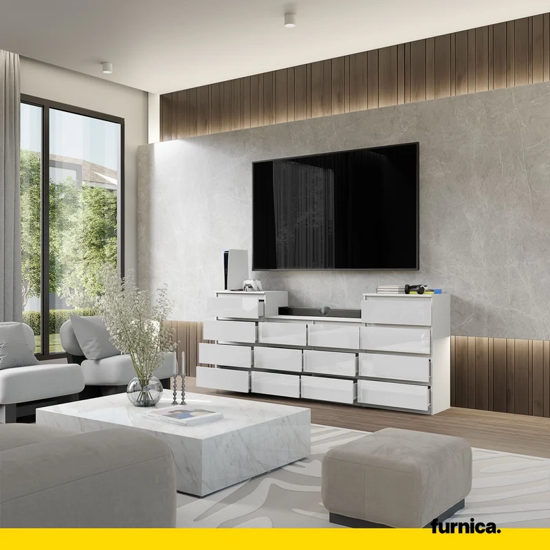 GABRIEL - Kommode / Sideboard mit 14 Schubladen (4+6+4) - Weiß Gloss H92/70cm B220cm T33cm