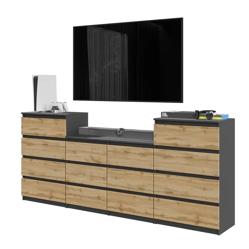 GABRIEL - Kommode / Sideboard mit 14 Schubladen (4+6+4) - Anthrazit Grau / Wotan Eiche H92/70cm B220cm T33cm