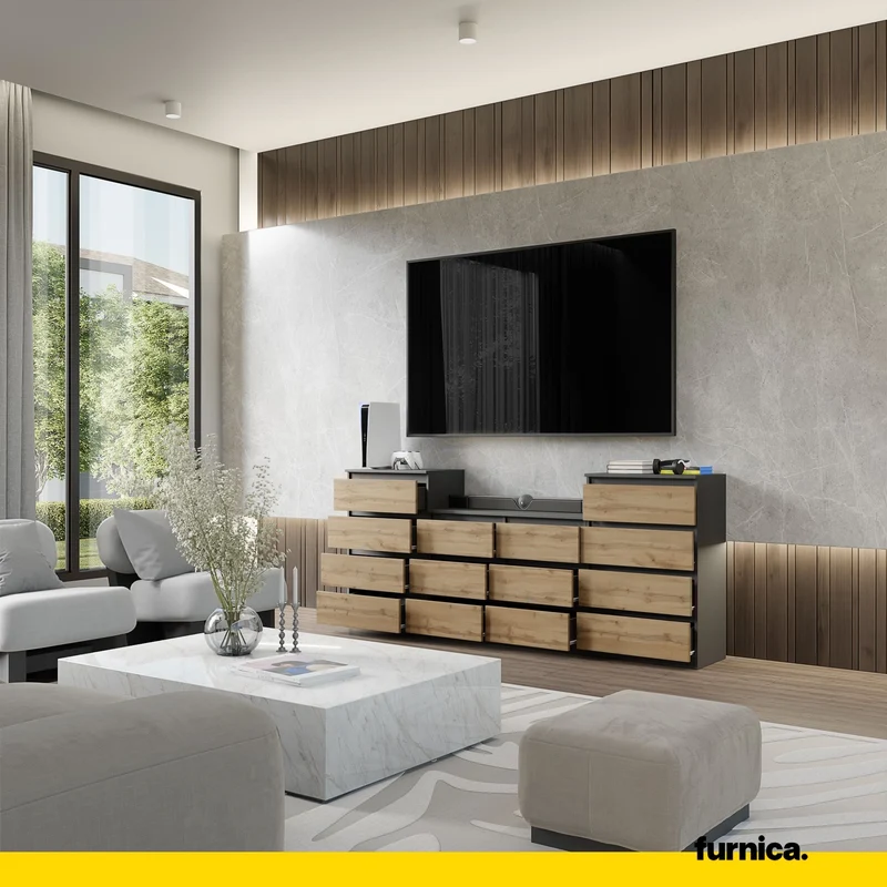 GABRIEL - Kommode / Sideboard mit 14 Schubladen (4+6+4) - Anthrazit Grau / Wotan Eiche H92/70cm B220cm T33cm
