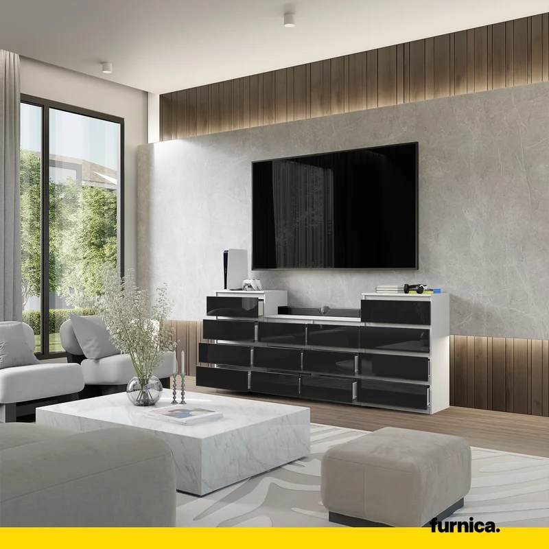 GABRIEL - Kommode / Sideboard mit 14 Schubladen (4+6+4) - Weiß Matt / Schwarz Gloss H92/70cm B220cm T33cm
