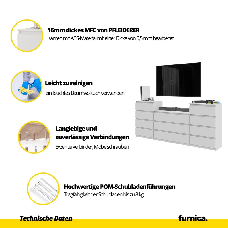 GABRIEL - Kommode / Sideboard mit 14 Schubladen (4+6+4) - Weiß Matt / Schwarz Gloss H92/70cm B220cm T33cm