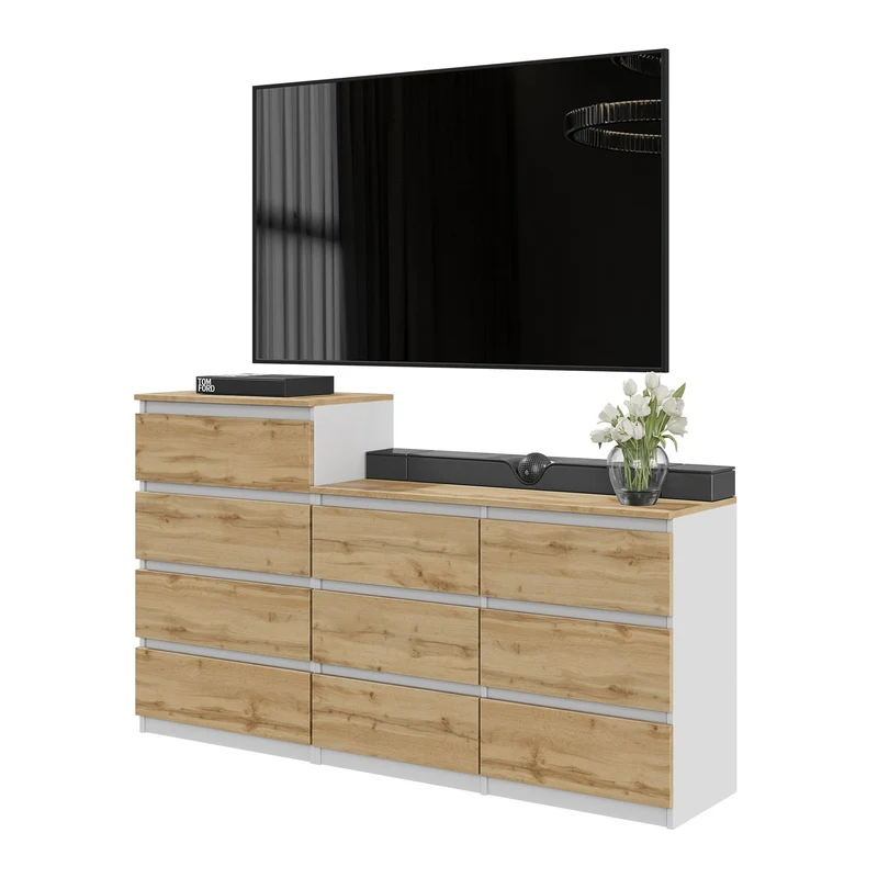 GABRIEL - Kommode / Sideboard mit 10 Schubladen (6+4) - Weiß Matt / Wotan Eiche H92/70cm B160cm T33cm