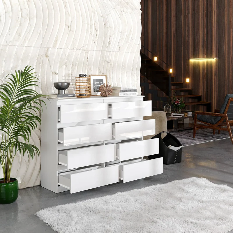 GABRIEL - Kommode / Sideboard mit 8 Schubladen - Weiß Gloss H92cm B120cm T33cm