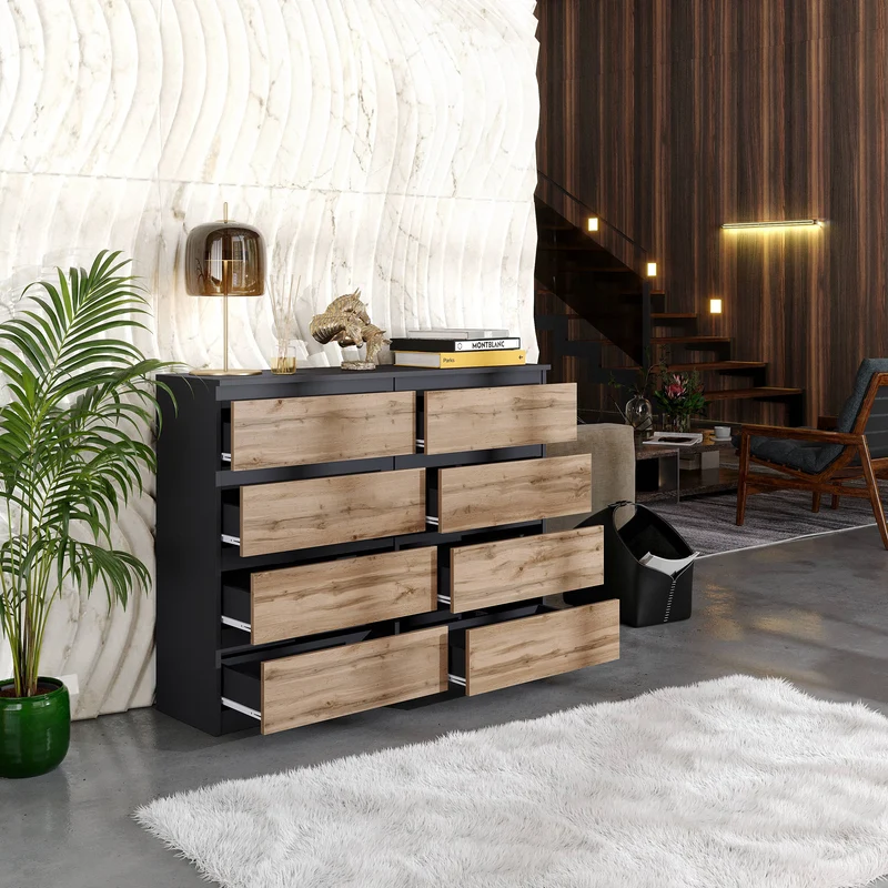 GABRIEL - Kommode / Sideboard mit 8 Schubladen - Anthrazit Grau / Wotan Eiche H92cm B120cm T33cm