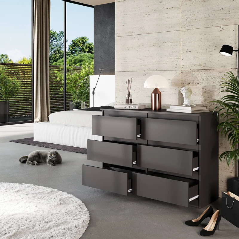 GABRIEL - Kommode / Sideboard mit 6 Schubladen - Anthrazit Grau H71cm B100cm T33cm