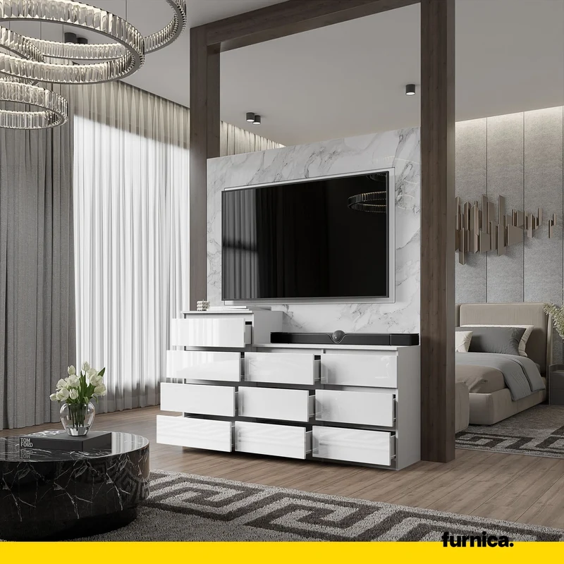 GABRIEL - Kommode / Sideboard mit 10 Schubladen (6+4) - Weiß Gloss H92/70cm B160cm T33cm