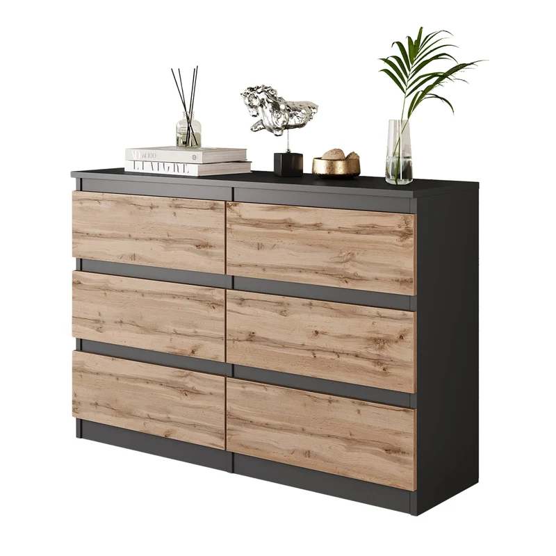 GABRIEL - Kommode / Sideboard mit 6 Schubladen - Anthrazit / Wotan Eiche H71cm B100cm T33cm