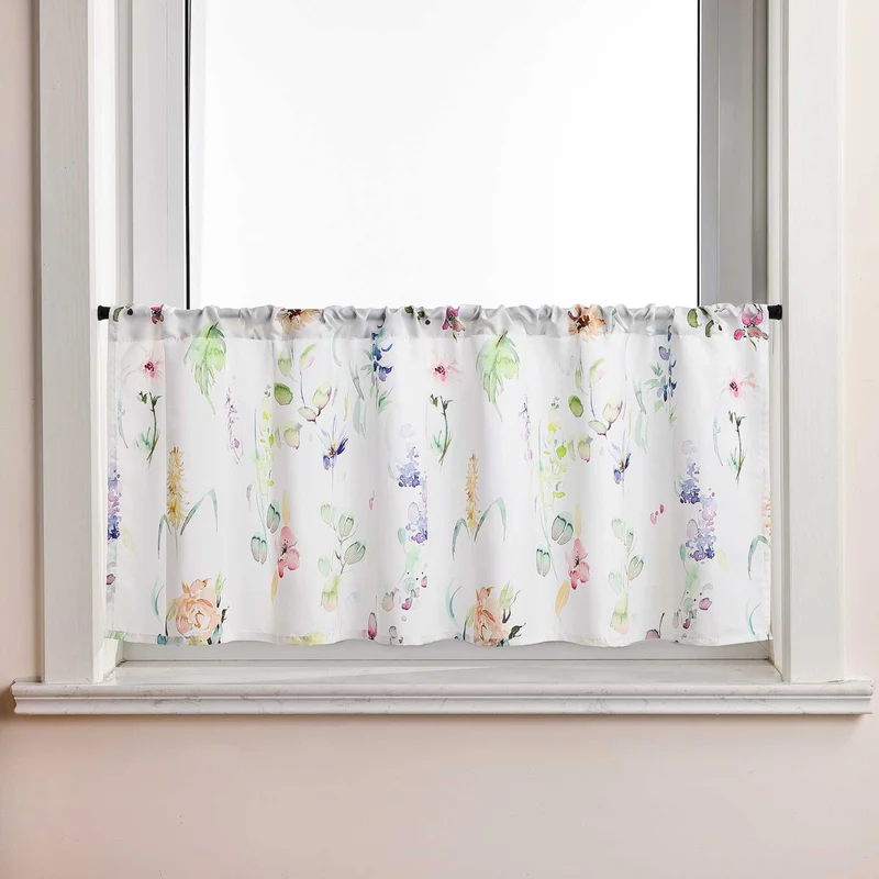 Scheibengardine Kurz mit buntem Blumenmuster durch Tunnelzug Halbtransparent