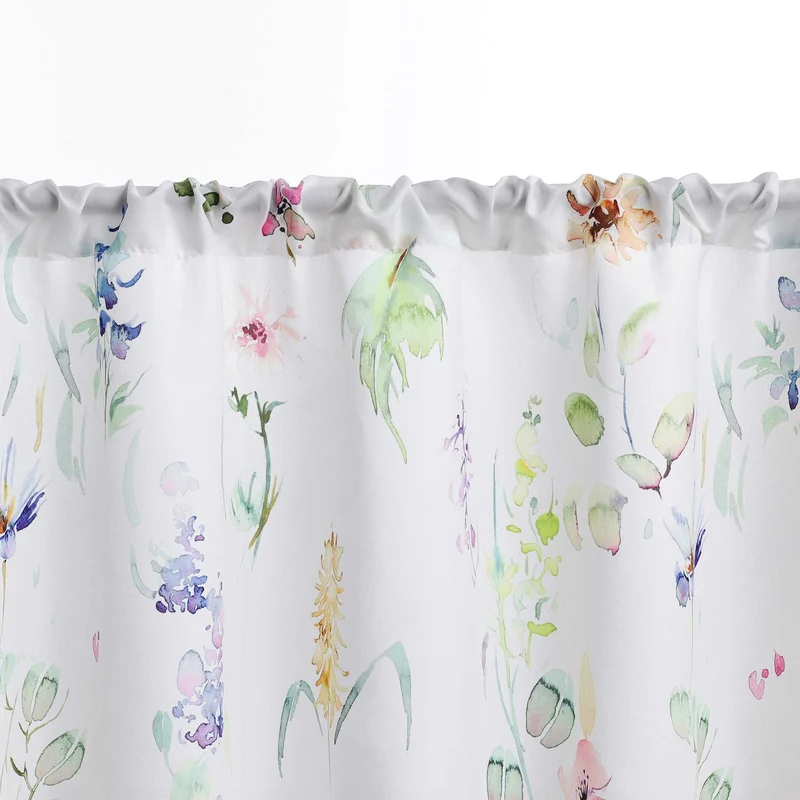 Scheibengardine Kurz mit buntem Blumenmuster durch Tunnelzug Halbtransparent