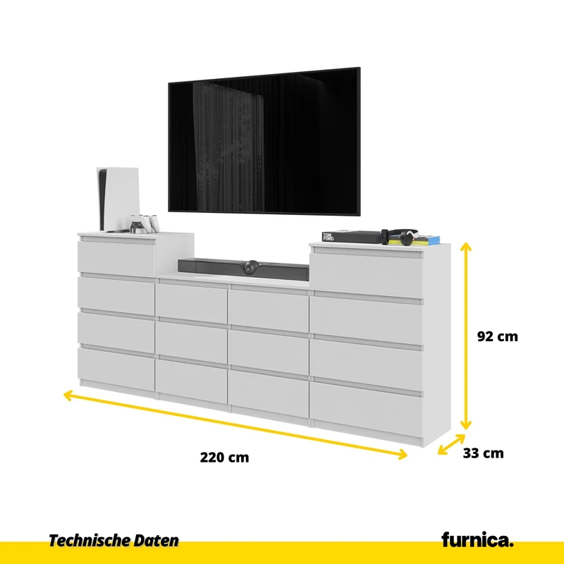 GABRIEL - Kommode / Sideboard mit 14 Schubladen (4+6+4) - Weiß Matt H92/70cm B220cm T33cm
