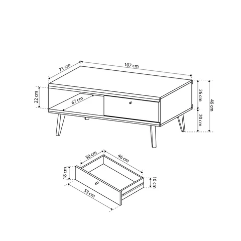 Couchtisch 107x46 cm mit Schublade im skandinavischen Stil | Lato
