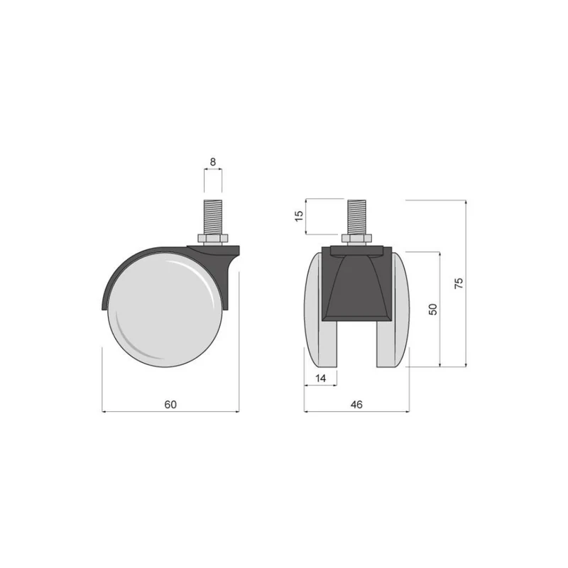 Möbelschwenkrad aus Kunststoff mit Gewinde 8mm - Ø60mm