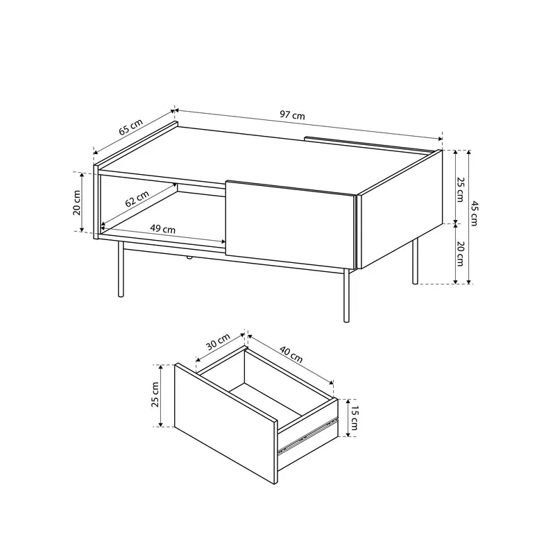 Couchtisch 97x45 cm im modernen Stil mit Schublade und Regalboden | Bema