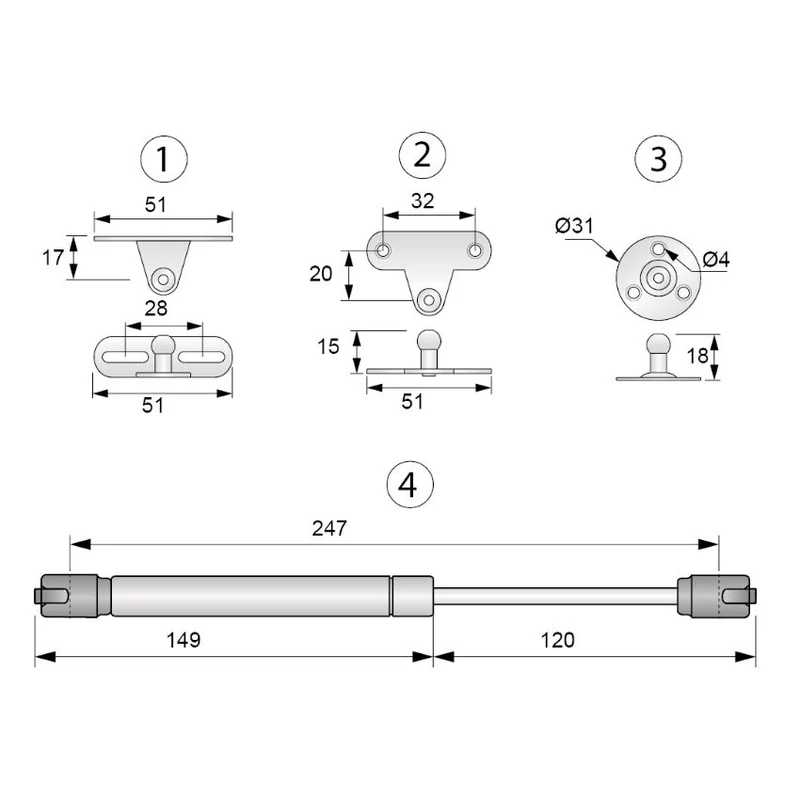 Gasdruckdämpfer Silber 250mm - 60N