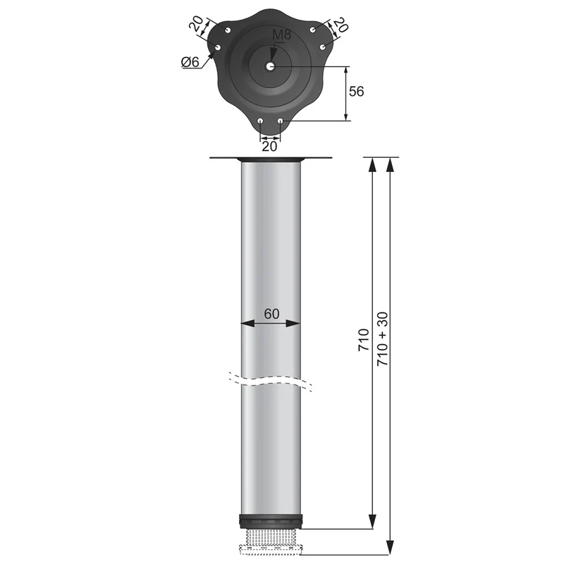 Tischbein 71 cm hoch - Stahl Montageplatte - Schwarz