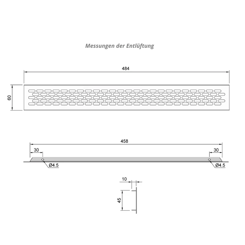 Aluminium-Lüftungsgitter für Küchenarbeitsplatten / Sockel, 484x60mm Weiß