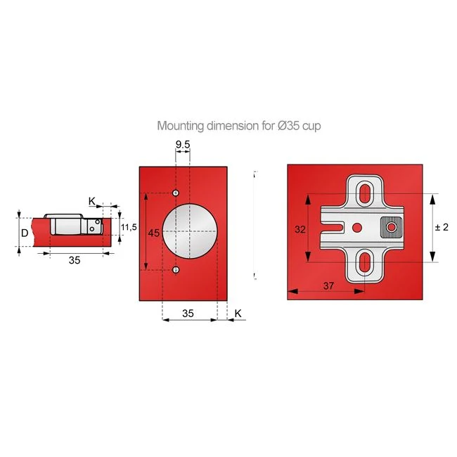 135º Scharnier Topfband, H2 Montageplatte mit EURO Schrauben für Ecktüren