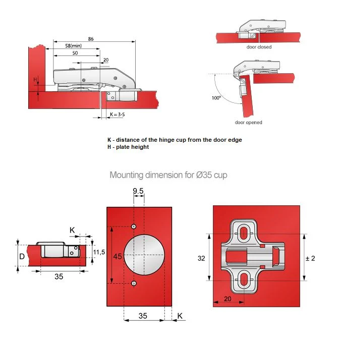 Soft-Close Scharnier Topfband, H2 Montageplatte mit EURO Schrauben für Paralleltüren