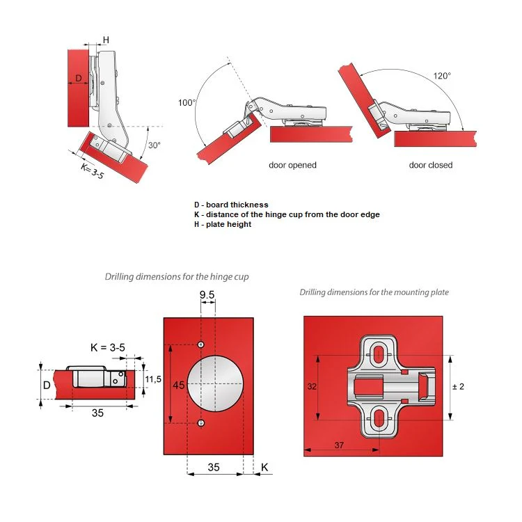 +30º Soft-Close Scharnier Topfband, H2 Montageplatte für Eckschränke