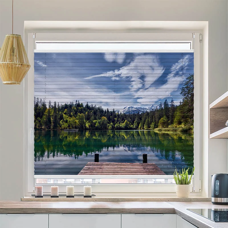 Wabenplissee Motiv "Bergsee im Wald"