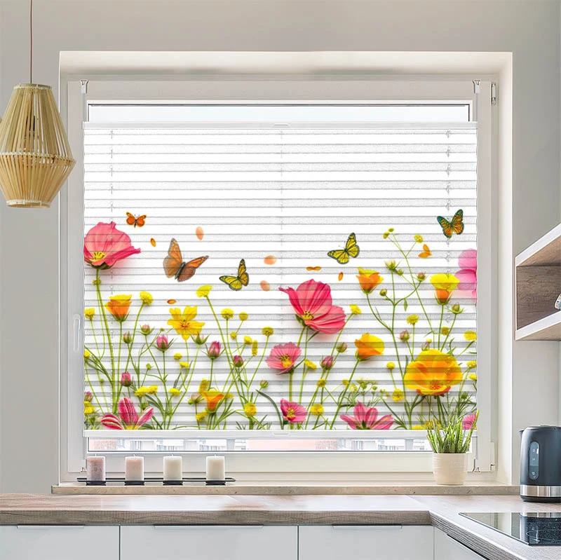 Wabenplissee Motiv "Blumen im Fruehling mit Schmetterlingen"