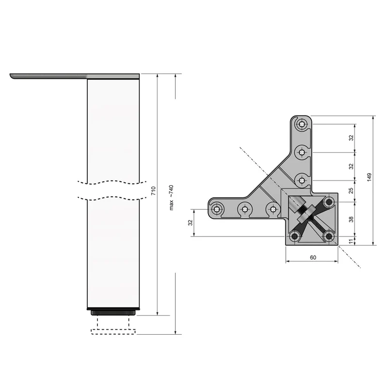 Quadratisches Tischbein 71 cm hoch - Satin, ZnAl Montageplatte