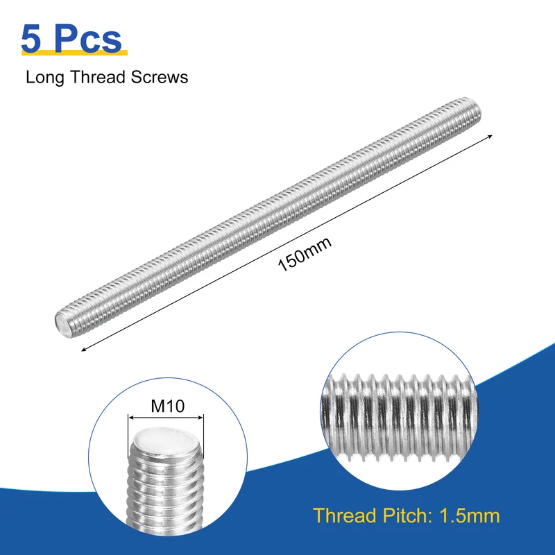 M10x150mm Fully Threaded Rod, 2Pcs 316 Stainless Steel 1.5 Pitch Threaded Screw