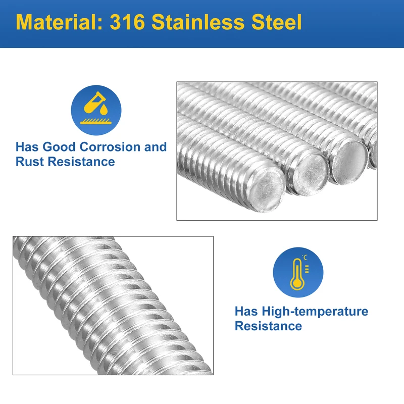 M10x150mm Fully Threaded Rod, 2Pcs 316 Stainless Steel 1.5 Pitch Threaded Screw