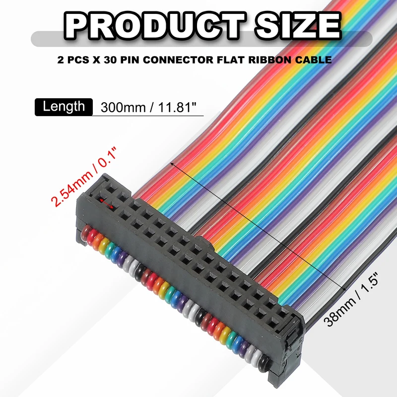 30 Pin IDC Connector Flat Ribbon Cable 2.54mm Pitch Length 300mm Wide 38mm 2Pcs