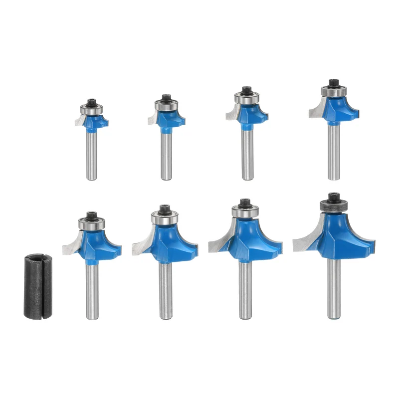 8pcs Roundover Router Bit Set 1/4 Inch Shank Radius in 1/4" 5/16" 3/8" 1/2" 5/8" 3/4" 7/8" 1" Carbide Tip 2 Flutes Corner Rounding Bearing Guide with Collet for Woodworking
