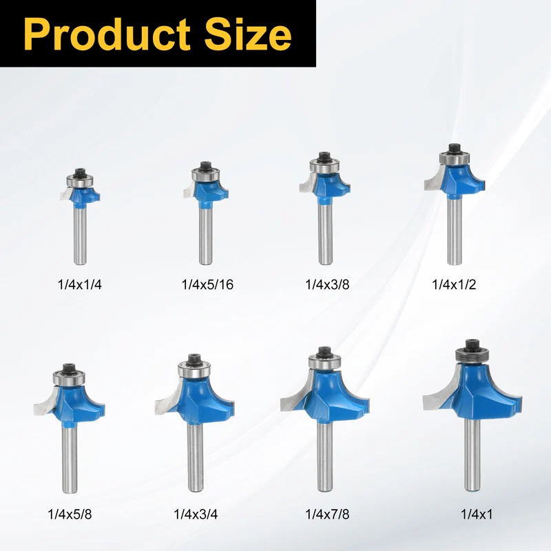 8pcs Roundover Router Bit Set 1/4 Inch Shank Radius in 1/4" 5/16" 3/8" 1/2" 5/8" 3/4" 7/8" 1" Carbide Tip 2 Flutes Corner Rounding Bearing Guide with Collet for Woodworking