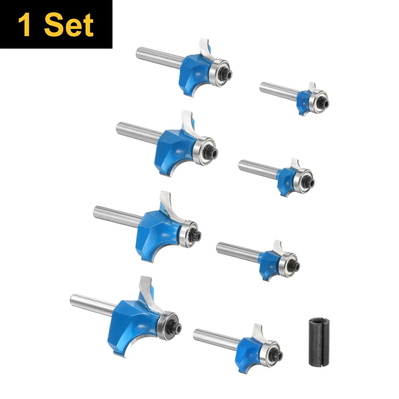 8pcs Roundover Router Bit Set 1/4 Inch Shank Radius in 1/4" 5/16" 3/8" 1/2" 5/8" 3/4" 7/8" 1" Carbide Tip 2 Flutes Corner Rounding Bearing Guide with Collet for Woodworking