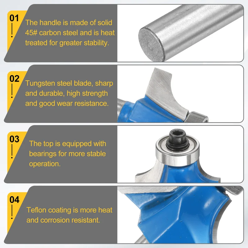 8pcs Roundover Router Bit Set 1/4 Inch Shank Radius in 1/4" 5/16" 3/8" 1/2" 5/8" 3/4" 7/8" 1" Carbide Tip 2 Flutes Corner Rounding Bearing Guide with Collet for Woodworking