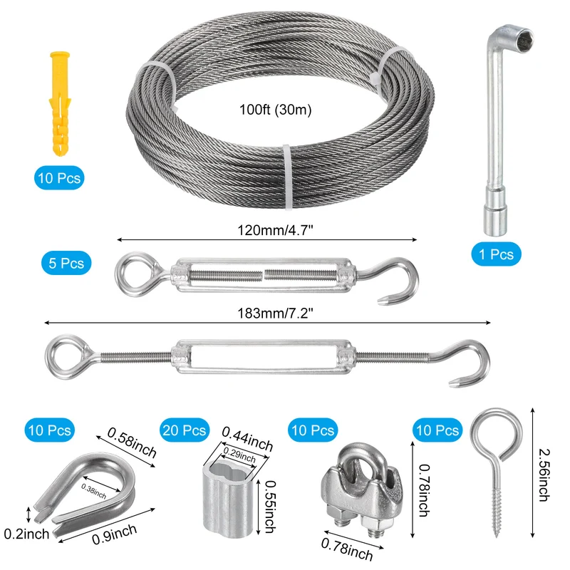 1/8 Turnbuckle Wire Tensioner Strainer Kit 100ft T316 Stainless Steel Wire Rope