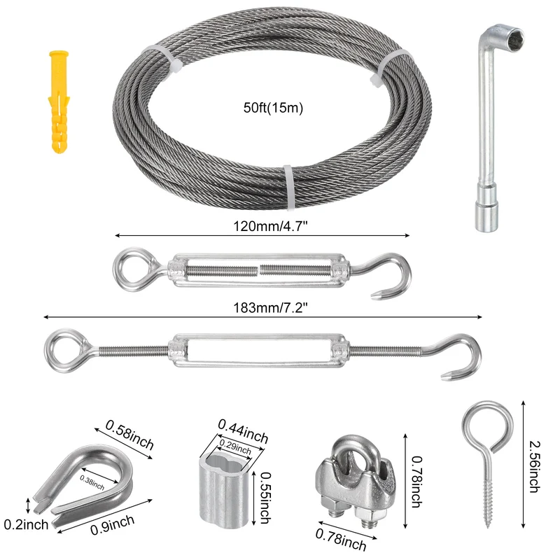 1/8 Turnbuckle Wire Tensioner Strainer Kit 100ft T316 Stainless Steel Wire Rope