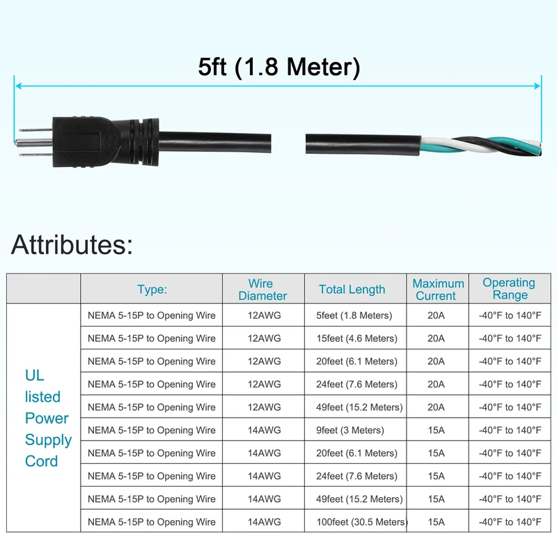 5ft 12 AWG 3 Prong AC Power Cord Cable 5-15P for TV PC DESKTOP Black